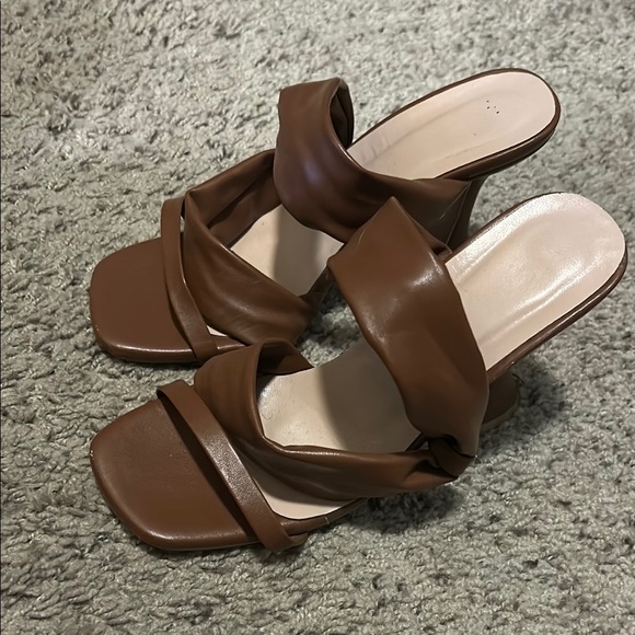 Shoes - Brown Leather Mules with Chunky Heel